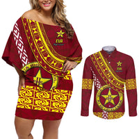 Custom Eua High School Couples Matching Off Shoulder Short Dress and Long Sleeve Button Shirts Tongan Kupesi Pattern LT05 Red - Polynesian Pride