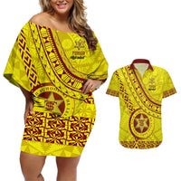 Custom Tonga High School Couples Matching Off Shoulder Short Dress and Hawaiian Shirt Tongan Kupesi Pattern LT05 Yellow - Polynesian Pride