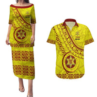 Custom Tonga High School Couples Matching Puletasi Dress and Hawaiian Shirt Tongan Kupesi Pattern LT05 Yellow - Polynesian Pride