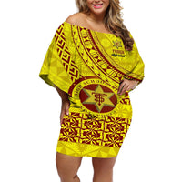 Custom Tonga High School Off Shoulder Short Dress Tongan Kupesi Pattern LT05 Women Yellow - Polynesian Pride