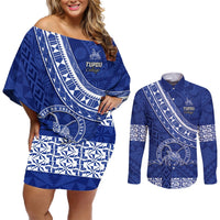 Custom Tupou College Couples Matching Off Shoulder Short Dress and Long Sleeve Button Shirts Tongan Kupesi Pattern LT05 Blue - Polynesian Pride