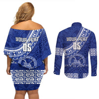 Custom Tupou College Couples Matching Off Shoulder Short Dress and Long Sleeve Button Shirts Tongan Kupesi Pattern LT05 - Polynesian Pride