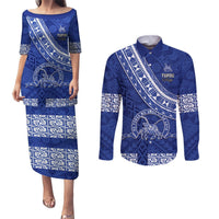 Custom Tupou College Couples Matching Puletasi Dress and Long Sleeve Button Shirts Tongan Kupesi Pattern LT05 Blue - Polynesian Pride