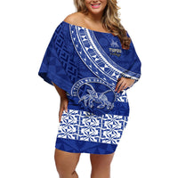 Custom Tupou College Off Shoulder Short Dress Tongan Kupesi Pattern LT05 Women Blue - Polynesian Pride