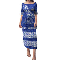 Custom Tupou College Puletasi Tongan Kupesi Pattern LT05 Long Dress Blue - Polynesian Pride