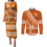 Custom Tailulu College Couples Matching Puletasi Dress and Long Sleeve Button Shirts Tongan Kupesi Pattern LT05 Orange - Polynesian Pride