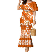 Custom Tailulu College Mermaid Dress Tongan Kupesi Pattern LT05 Women Orange - Polynesian Pride