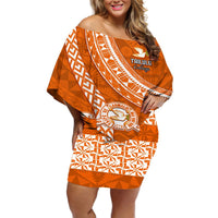 Custom Tailulu College Off Shoulder Short Dress Tongan Kupesi Pattern LT05 Women Orange - Polynesian Pride