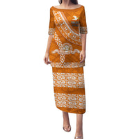 Custom Tailulu College Puletasi Tongan Kupesi Pattern LT05 Long Dress Orange - Polynesian Pride