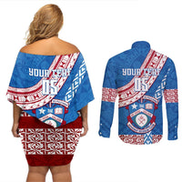 Custom Apifoou College Couples Matching Off Shoulder Short Dress and Long Sleeve Button Shirts Tongan Kupesi Pattern LT05 - Polynesian Pride
