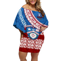 Custom Apifoou College Off Shoulder Short Dress Tongan Kupesi Pattern LT05 Women Blue - Polynesian Pride