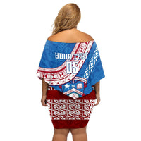 Custom Apifoou College Off Shoulder Short Dress Tongan Kupesi Pattern LT05 - Polynesian Pride