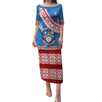 Custom Apifoou College Puletasi Tongan Kupesi Pattern LT05 Long Dress Blue - Polynesian Pride