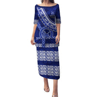 Custom Queen Salote College Puletasi Tongan Kupesi Pattern LT05 Long Dress Blue - Polynesian Pride