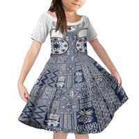 Hawaii Family Matching Off Shoulder Short Dress and Hawaiian Shirt Barkcloth Pattern Vintage Style LT05 Daughter's Dress Blue - Polynesian Pride