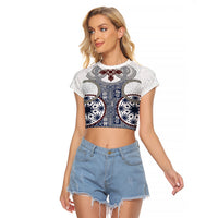 Hawaii Raglan Cropped T Shirt Barkcloth Pattern Vintage Style LT05 Female Blue - Polynesian Pride