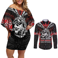Aotearoa Mana Maori Couples Matching Off Shoulder Short Dress and Long Sleeve Button Shirt Toitu Te Tiriti