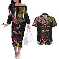 Tokelau And Aotearoa Couples Matching Off The Shoulder Long Sleeve Dress and Hawaiian Shirt Together For Te Tiriti O Waitangi LT05 Black - Polynesian Pride