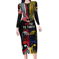 Tokelau And Aotearoa Family Matching Long Sleeve Bodycon Dress and Hawaiian Shirt Together For Te Tiriti O Waitangi LT05 Mom's Dress Black - Polynesian Pride
