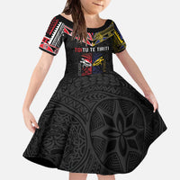 Tokelau And Aotearoa Family Matching Off The Shoulder Long Sleeve Dress and Hawaiian Shirt Together For Te Tiriti O Waitangi LT05 Daughter's Dress Black - Polynesian Pride