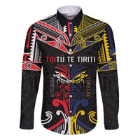 Tokelau And Aotearoa Family Matching Off The Shoulder Long Sleeve Dress and Hawaiian Shirt Together For Te Tiriti O Waitangi LT05 Dad's Shirt - Long Sleeve Black - Polynesian Pride
