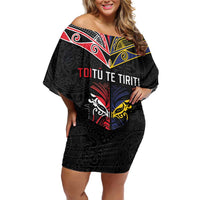Tokelau And Aotearoa Family Matching Off Shoulder Short Dress and Hawaiian Shirt Together For Te Tiriti O Waitangi LT05 Mom's Dress Black - Polynesian Pride