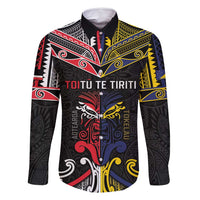 Tokelau And Aotearoa Family Matching Summer Maxi Dress and Hawaiian Shirt Together For Te Tiriti O Waitangi LT05 Dad's Shirt - Long Sleeve Black - Polynesian Pride