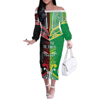 Cook Islands And Aotearoa Family Matching Off The Shoulder Long Sleeve Dress and Hawaiian Shirt Together For Te Tiriti O Waitangi LT05 Mom's Dress Black - Polynesian Pride
