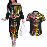Niue And Aotearoa Couples Matching Off The Shoulder Long Sleeve Dress and Hawaiian Shirt Together For Te Tiriti O Waitangi LT05 Black - Polynesian Pride