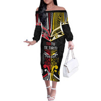 Niue And Aotearoa Family Matching Off The Shoulder Long Sleeve Dress and Hawaiian Shirt Together For Te Tiriti O Waitangi LT05 Mom's Dress Black - Polynesian Pride