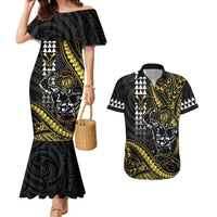 Hawaii Ikaika Warrior Helmet Couples Matching Mermaid Dress and Hawaiian Shirt Gold Style