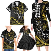 Hawaii Ikaika Warrior Helmet Family Matching Long Sleeve Bodycon Dress and Hawaiian Shirt Gold Style LT05 - Polynesian Pride