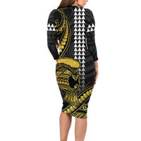 Hawaii Ikaika Warrior Helmet Family Matching Long Sleeve Bodycon Dress and Hawaiian Shirt Gold Style LT05 - Polynesian Pride