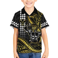 Hawaii Ikaika Warrior Helmet Family Matching Short Sleeve Bodycon Dress and Hawaiian Shirt Gold Style