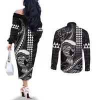 Hawaii Ikaika Warrior Helmet Couples Matching Off The Shoulder Long Sleeve Dress and Long Sleeve Button Shirt Black Tribal Tattoo
