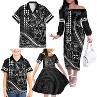 Hawaii Ikaika Warrior Helmet Family Matching Off The Shoulder Long Sleeve Dress and Hawaiian Shirt Black Tribal Tattoo LT05 - Polynesian Pride