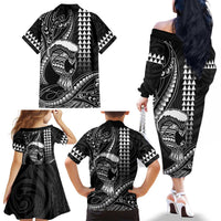 Hawaii Ikaika Warrior Helmet Family Matching Off The Shoulder Long Sleeve Dress and Hawaiian Shirt Black Tribal Tattoo LT05 - Polynesian Pride