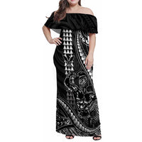 Hawaii Ikaika Warrior Helmet Family Matching Off Shoulder Maxi Dress and Hawaiian Shirt Black Tribal Tattoo LT05 Mom's Dress Black - Polynesian Pride
