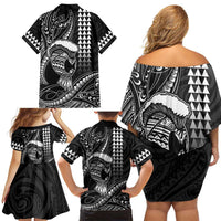 Hawaii Ikaika Warrior Helmet Family Matching Off Shoulder Short Dress and Hawaiian Shirt Black Tribal Tattoo LT05 - Polynesian Pride
