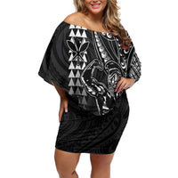 Hawaii Ikaika Warrior Helmet Family Matching Off Shoulder Short Dress and Hawaiian Shirt Black Tribal Tattoo LT05 Mom's Dress Black - Polynesian Pride