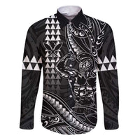 Hawaii Ikaika Warrior Helmet Family Matching Short Sleeve Bodycon Dress and Hawaiian Shirt Black Tribal Tattoo LT05 Dad's Shirt - Long Sleeve Black - Polynesian Pride