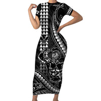 Hawaii Ikaika Warrior Helmet Family Matching Short Sleeve Bodycon Dress and Hawaiian Shirt Black Tribal Tattoo LT05 Mom's Dress Black - Polynesian Pride