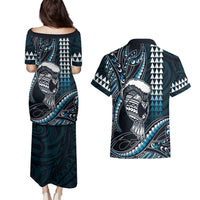 Hawaii Ikaika Warrior Helmet Couples Matching Puletasi and Hawaiian Shirt Blue Tribal Tattoo