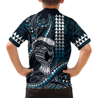 Hawaii Ikaika Warrior Helmet Family Matching Long Sleeve Bodycon Dress and Hawaiian Shirt Blue Tribal Tattoo LT05 - Polynesian Pride