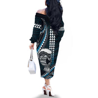 Hawaii Ikaika Warrior Helmet Family Matching Off The Shoulder Long Sleeve Dress and Hawaiian Shirt Blue Tribal Tattoo LT05 - Polynesian Pride