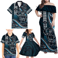 Hawaii Ikaika Warrior Helmet Family Matching Off Shoulder Maxi Dress and Hawaiian Shirt Blue Tribal Tattoo LT05 - Polynesian Pride