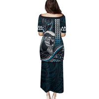 Hawaii Ikaika Warrior Helmet Family Matching Puletasi and Hawaiian Shirt Blue Tribal Tattoo