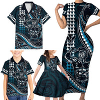 Hawaii Ikaika Warrior Helmet Family Matching Short Sleeve Bodycon Dress and Hawaiian Shirt Blue Tribal Tattoo LT05 - Polynesian Pride