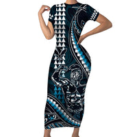 Hawaii Ikaika Warrior Helmet Family Matching Short Sleeve Bodycon Dress and Hawaiian Shirt Blue Tribal Tattoo LT05 Mom's Dress Blue - Polynesian Pride