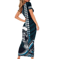 Hawaii Ikaika Warrior Helmet Family Matching Short Sleeve Bodycon Dress and Hawaiian Shirt Blue Tribal Tattoo LT05 - Polynesian Pride